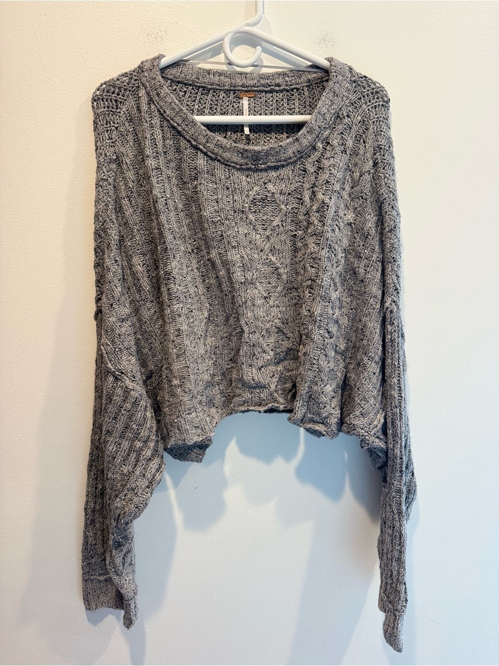 Free People Cropped Gray Cable Knit Slouchy Sweater